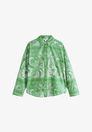 Camicia verde a maniche lunghe con bottoni, caratterizzata da un motivo di foglie e fiori in una tonalità più chiara, con colletto. Realizzata in un tessuto testurizzato.