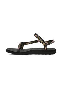 Chanclas negras con suelas de goma texturizada y correas anchas de tela con diseños florales en tonos rosa y verde.