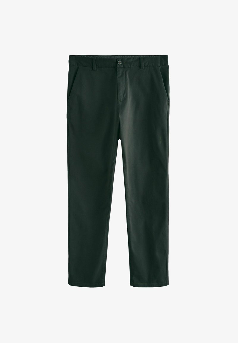 Tamnozelene chinos hlače od mekog materijala, s ravnim prednjim dijelom, dva bočna džepa i zatvaranjem na gumbe u struku.