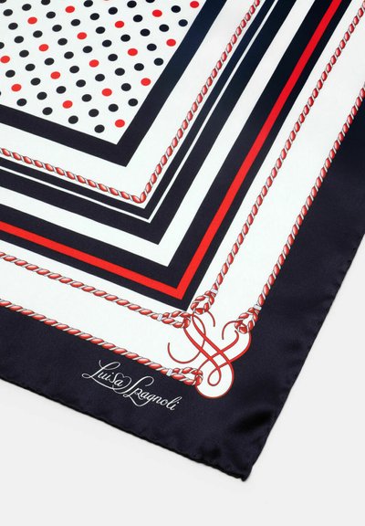 Zīda šalle ar ģeometrisku rakstu sarkanos, melnos un baltos toņos. Pievilcīgas detaļas ir pumpiņas un virves raksts gar apmali.