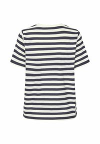 Striped t-shirt with navy and white horizontal stripes. Soft cotton fabric, relaxed fit, short sleeves, and a crew neckline.