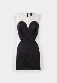 Rochie fără mâneci alb-negru cu o siluetă ajustată, având un corset structurat și cupe în formă de inimă, fermoar la spate.