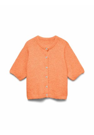 Oranje vest met korte mouwen en zachte textuur, een ronde hals en zes kleine witte knopen aan de voorkant.