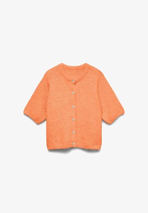 Krátký rukáv, měkký texturovaný oranžový svetr s kulatým výstřihem a šesti malými bílými knoflíky vpředu.