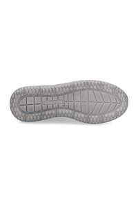 Sole di sneaker grigia in gomma testurizzata, con un motivo segmentato per la trazione, forme circolari e esagonali, e marchi in rilievo.