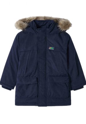 Parka d'hiver bleu marine avec capuche doublée de fourrure, fermeture éclair à l'avant, poches à rabat et petit logo coloré sur la poitrine.