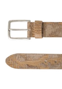 Beige läderbälte med en strukturerad yta och spänne i silvermetall. Har flera hål för justering och en rundad spetsdesign.