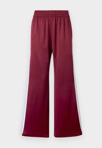 Bordeauxfarbene, lässige Hose mit elastischem Bund, die über weiße Seitenstreifen und eine glatte Stoffoberfläche verfügt. Weit geschnittenes Design.