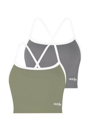 Zwei kurze Camisoles mit dünnen weißen Trägern, eine in Olivgrün und eine in Grau, jeweils mit "circle five"-Logo nahe dem Saum.