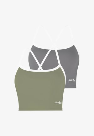 Zwei kurze Camisoles mit dünnen weißen Trägern, eine in Olivgrün und eine in Grau, jeweils mit "circle five"-Logo nahe dem Saum.
