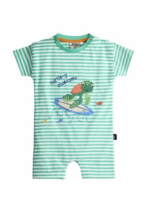 Zöld-fehér csíkos baba rugdalózó, amelyen egy mosolygó teknős szörföl egy kék deszkán, elöl pedig a „turtle-y awesome“ felirat található.