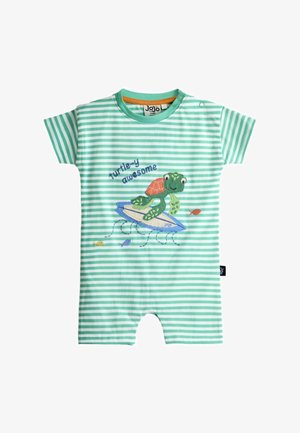 Babyheldragt med grønne og hvide striber med en smilende skildpadde, der surfer på et blåt bræt, og teksten "turtle-y awesome" foran.