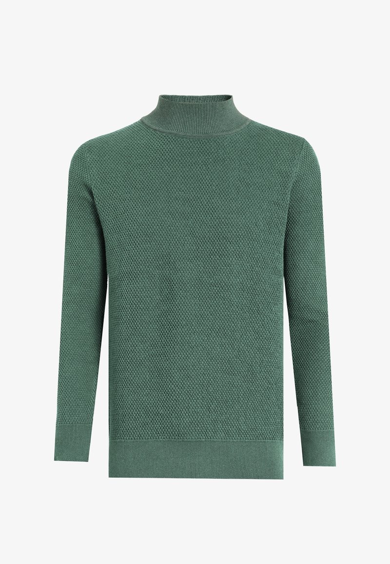 Jersey de cuello alto de punto texturizado en verde, con mangas largas y puños acanalados. Presenta una silueta ajustada y un diseño limpio y minimalista.