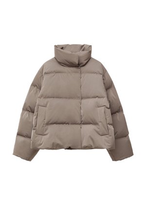 Daunenjacke in einem hellen Taupe-Farbton, mit hohem Kragen, kastiger Form und zwei Vordertaschen, ausgestattet mit einer glatten, glänzenden Textur.