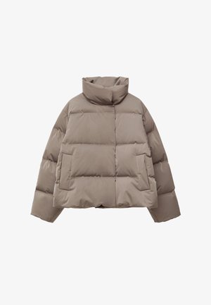 Puffer jacket in a light taupe color, featuring a high collar, boxy shape, and two front pockets with a smooth, shiny texture.