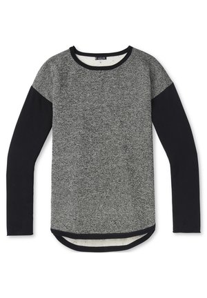 Langærmet crew-neck skjorte med koksgrå krop, sorte ærmer og buet kant, størrelse medium, lagt fladt på hvid baggrund.