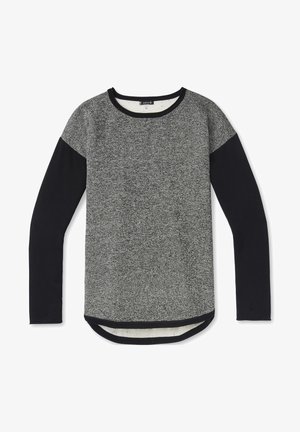 T-shirt à manches longues avec col rond, torse gris chiné, manches noires et ourlet arrondi, taille moyenne, étalé à plat sur fond blanc.