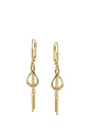 Gold-tone dangle earrings with twisted teardrop loops, small chain links hanging inside, and two slim vertical bars at the ends.