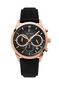 Czarny zegarek chronograf z żebrowanym czarnym cyferblatem, różowymi złotymi akcentami i czarnym skórzanym paskiem. Posiada trzy sub-tarczki oraz wyświetlacz daty.