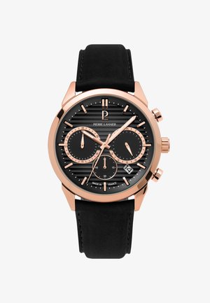 Reloj cronógrafo negro con esfera negra estriada, acentos en oro rosa y correa de cuero negra. Presenta tres subesferas y un indicador de fecha.