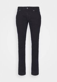 Černé džínové kalhoty z denimu s úzkým střihem, pětikapsovým designem, poutky na opasek a zapínáním na knoflík a zip. Hladká textura bez viditelných vzorů.