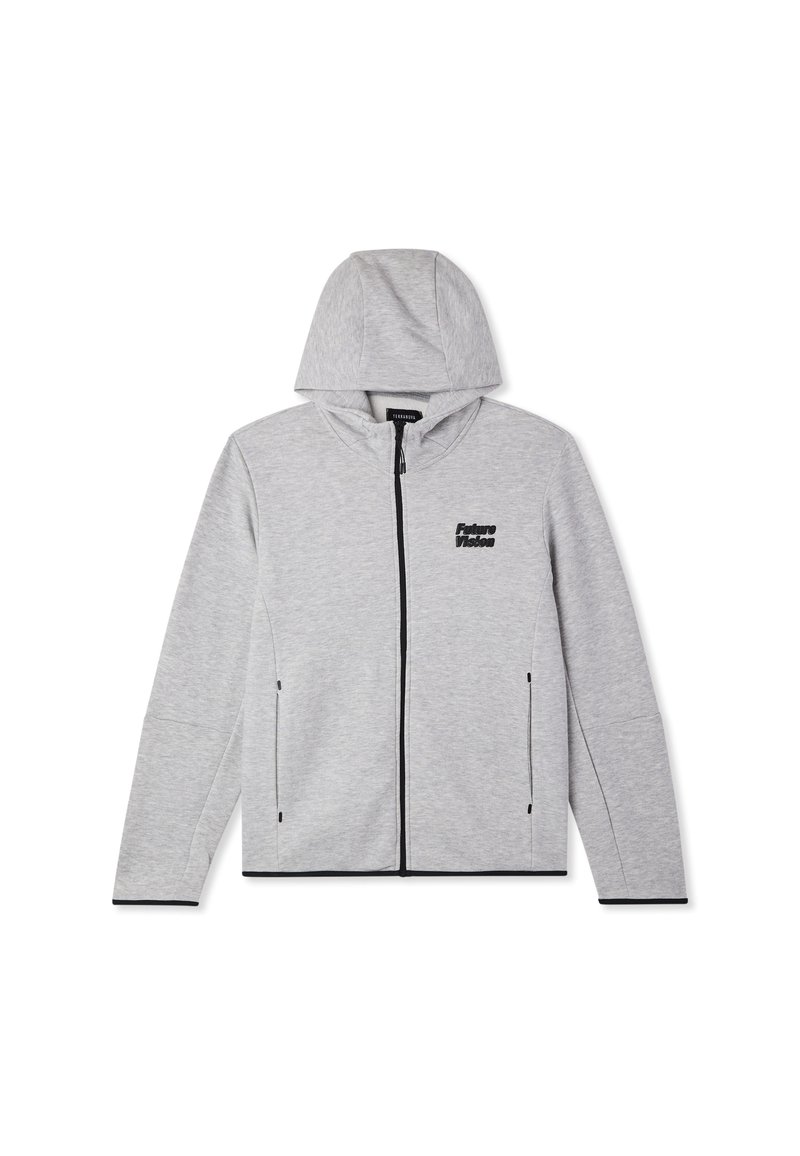 Felpa grigia con zip e cappuccio, dotata di logo nero sul lato sinistro del petto, due tasche laterali con zip e bordo nero a contrasto lungo i lati.
