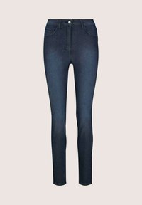 Donkerblauwe denim skinny jeans met een hoge taille, voorzien van een knoop- en ritssluiting aan de voorkant, zijzakken en een gladde textuur.