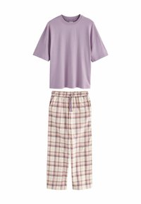 Lavender short-sleeve crew neck top paired with cream plaid drawstring pants in beige and lavender tones.