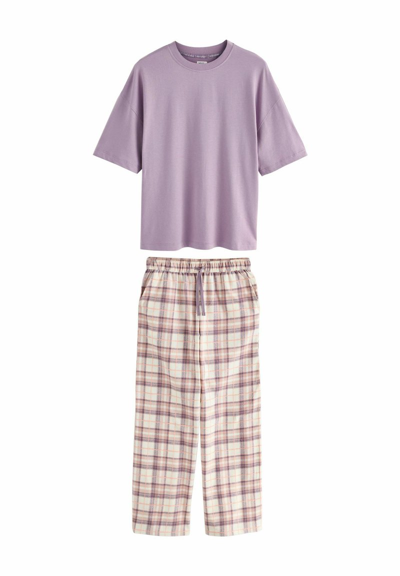 Lavender short-sleeve crew neck top paired with cream plaid drawstring pants in beige and lavender tones.