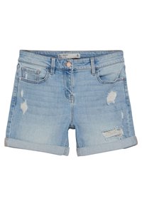 Light blue denim shorts with a mid-rise design, rolled cuffs, and distressed details. Features five pockets and a button closure. Size 8.