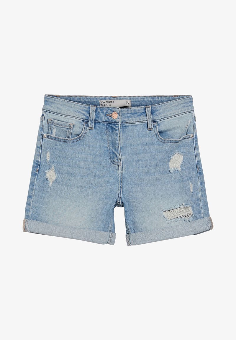 Light blue denim shorts with a mid-rise design, rolled cuffs, and distressed details. Features five pockets and a button closure. Size 8.
