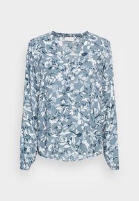 Blusa a maniche lunghe di colore azzurro chiaro con motivo floreale bianco. Presenta un colletto a V, tessuto morbido e polsini leggermente arricciati.