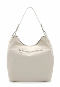 Bolso sintético blanco con forma curva, una parte superior con cremallera y un pequeño bolsillo frontal. Cuenta con una única correa con herrajes en plata.