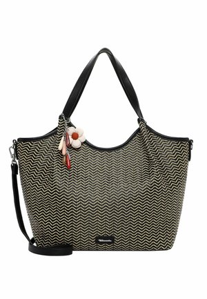 Borsa a tracolla con motivo a zigzag nero e beige, manici neri, tracolla rimovibile e ciondolo a forma di fiore con perline pendenti sul lato.