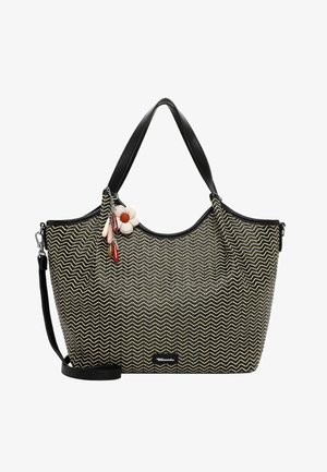 Bolso con patrón de zigzag en negro y beige, con asas negras, correa de hombro desmontable y un adorno de flor con cuentas colgantes en el lateral.