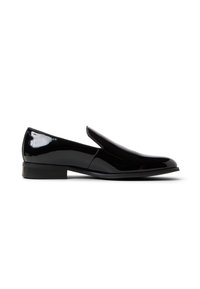 Black patent leather slip-on dress shoe with low heel and smooth rounded toe, shown in side profile on white background.