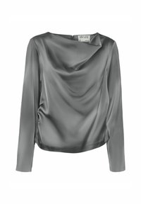 Top lungo a maniche svasate in satin grigio con scollatura drappeggiata, texture liscia, leggero arricciamento sulla cucitura laterale e zip nascosta sul retro. Etichetta del marchio: AWARE.