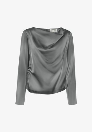 Grijze satijnen lange mouw top met gedrapeerde halslijn, gladde textuur, lichte plooien aan de zijnaad en een verborgen ritssluiting aan de achterkant. Merkenlabel: AWARE.