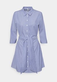 Modro-bílá šatová šaty s vertikálními pruhy, zapínání na knoflíky vpředu, límeček, rukávy do tří čtvrtin, součástí je odpovídající pásek v pase.