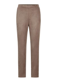 Bruine, zacht aanvoelende broeken met een slim fit ontwerp. Heeft een elastische tailleband en zijzakken. Soepele stof zonder zichtbare patronen.