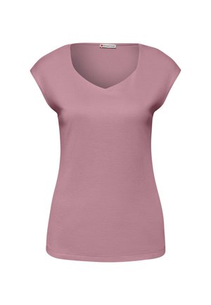 Haut pour femmes mauve à manches courtes avec col en V et petite étiquette de marque à l'intérieur du col.