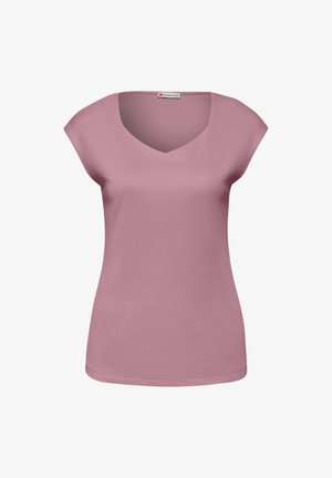 Lila dames top met korte mouwen, V-hals en een klein merkembleem aan de binnenkant van de kraag.