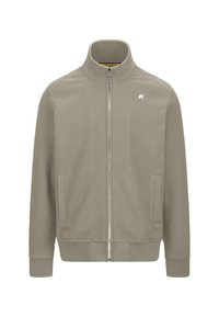 Giacca zip-up grigia chiara con colletto alto, polsini a coste, due tasche frontali e un piccolo logo sul lato sinistro del petto. Tessuto liscio.