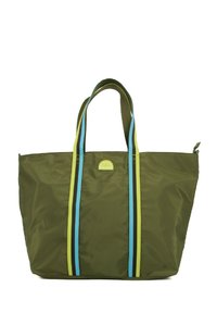 Borsa tote in nylon verde con doppie maniglie, caratterizzata da accenti a righe blu e verde lime e un piccolo logo circolare sul davanti.