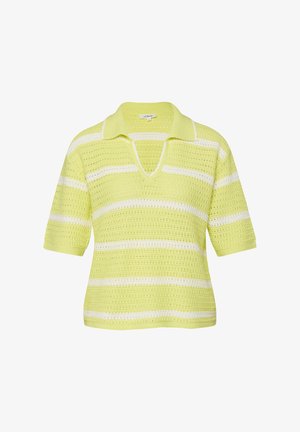 Kurzärmeliges, gelb-weiß gestreiftes Strickshirt mit offenem Kragen und strukturiertem Muster.