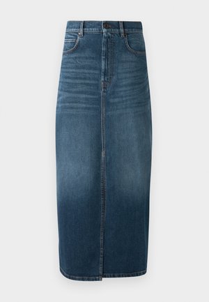 Denim midi sukně v tmavě indigo, s předním rozparkem a mírným vyblednutím. Klasický design s pěti kapsami a kovovým zapínáním na knoflík.
