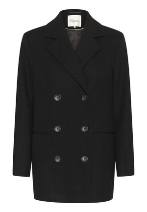 Černý dvojřadý kabát z vlněné směsi s klopovým límcem, třemi předními kapsami a šesti černými knoflíky, s rovnou siluetou.