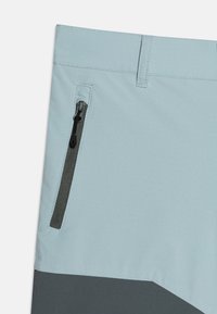 Vaaleansiniset ja tummanharmaat shortsit, joissa on pystysuora musta vetoketjutasku vasemmalla puolella vyötärön lähellä.