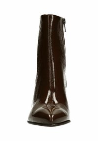 Brown patent leather ankle boot with a pointed toe, high shaft, and a zip closure on the side, featuring a glossy, smooth surface.