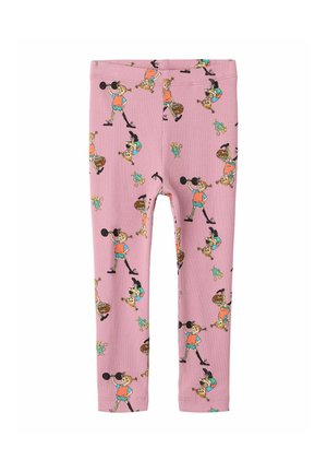 Lyserøde ribbede leggings med gentagende tegnet pige, der løfter en vægtstang, og små dyrefigurer trykt over det hele.